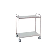 Carrello distribuzione materiale ospedaliero: realizzato in acciaio inox con due ripiani e ruote piroettanti (95 x 55 x 95 cm)