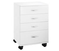 Pratico carrello in legno bianco: dotato di quattro cassetti e quattro ruote per una maggiore mobilità