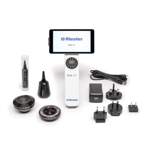 Telecamera diagnostica digitale: RCS-100 Riester con obiettivi intercambiabili, utilizzabile come otoscopio, dermatoscopio, obiettivo generico e adattatore per endoscopia.