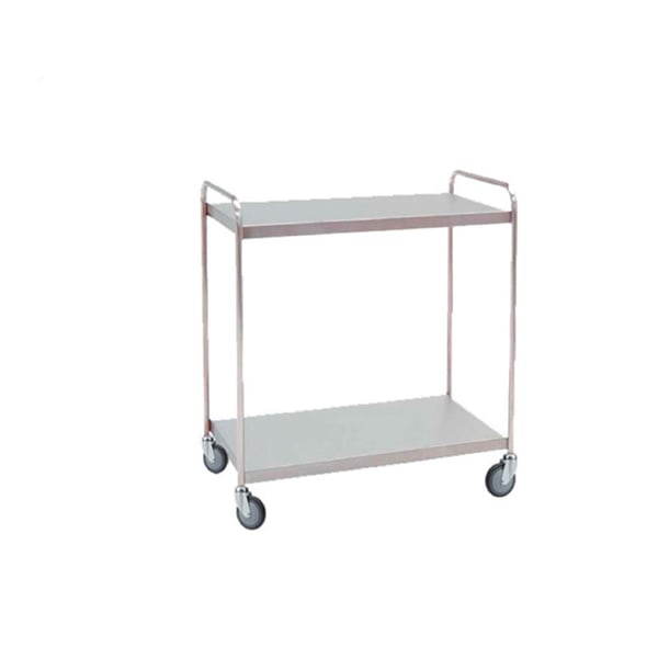 Carrello distribuzione materiale ospedaliero: realizzato in acciaio inox con due ripiani e ruote piroettanti (95 x 55 x 95 cm)