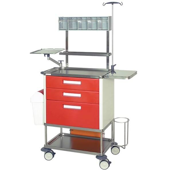 Carrello Plus Stop: In acciaio inox a tre cassetti con piano ausiliario ribaltabile