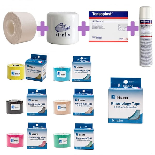 IRISANA TOTAL BANDAGE PACK: Confezione da 12 rotoli di nastro kinesiologico neuromuscolare Irisana + 32 nastri anti-crisi + 6 Kinefis Pretape + Tensospray + 12 Tensoplast