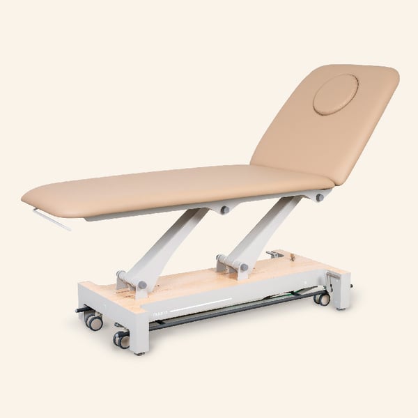 Lettino elettrico per trattamenti Nuuna 2L Pro: 2 sezioni con 1 motore, controllo perimetrale a 360°, schienale regolabile e rivestimento in pelle Naggura (vari colori).