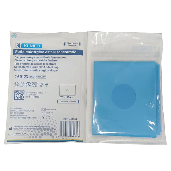 Teli chirurgici sterili fenestrati con adesivo centrale diviso in due metà (varie misure)