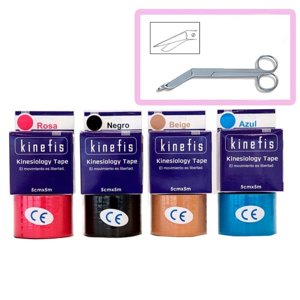 Confezione Risparmio - 12 Rotoli di Bende Neuromuscolari - Nastro Kinesiologico Kinefis 5 cm x 5 metri + Forbici per Bende Kinefis 18 cm in REGALO