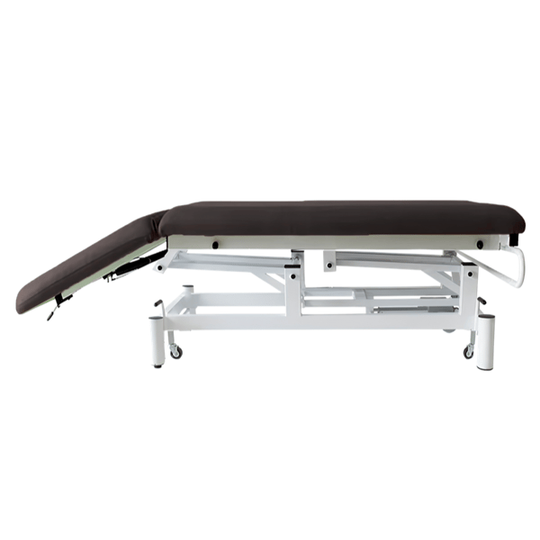 Lettino elettrico a due sezioni Kinefis Quality (rivestito in grigio scuro): con ruote retrattili, schienale reclinabile tramite pistone a gas, struttura bianca estremamente stabile - Ultimo pezzo disponibile