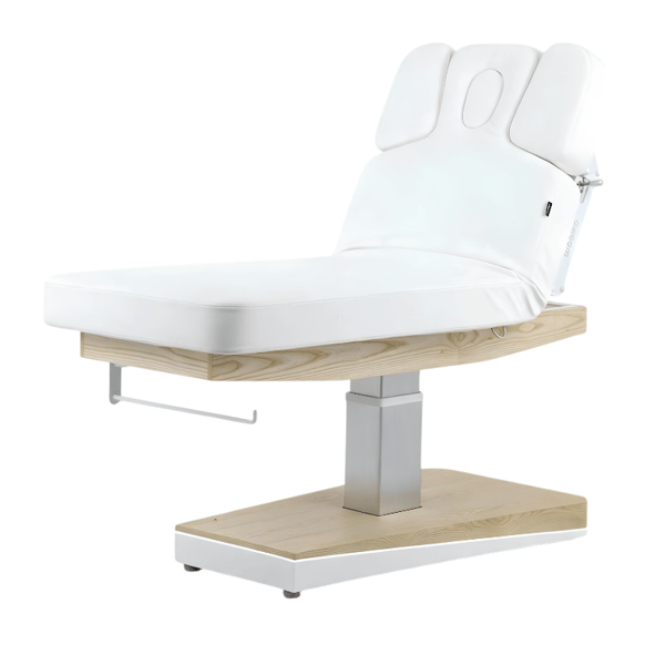 Lettino da trattamento LYR SPA con 3 motori, riscaldamento e base in legno naturale.