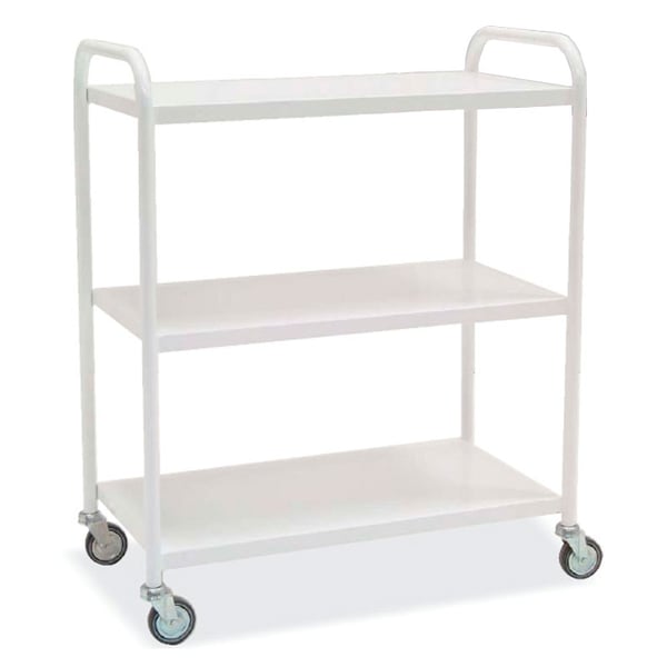 Carrello distribuzione materiale ospedaliero: realizzato in acciaio smaltato con tre ripiani (90 x 50 x 120 cm)