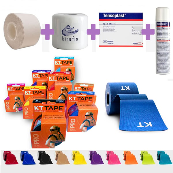 OFFERTA CONFEZIONAMENTO KT TAPE: 12 rotoli Kt bendaggio neuromuscolare + 32 nastri anticrisi + 6 Kinefis Pretape + Tensospray + 12 Tensoplast