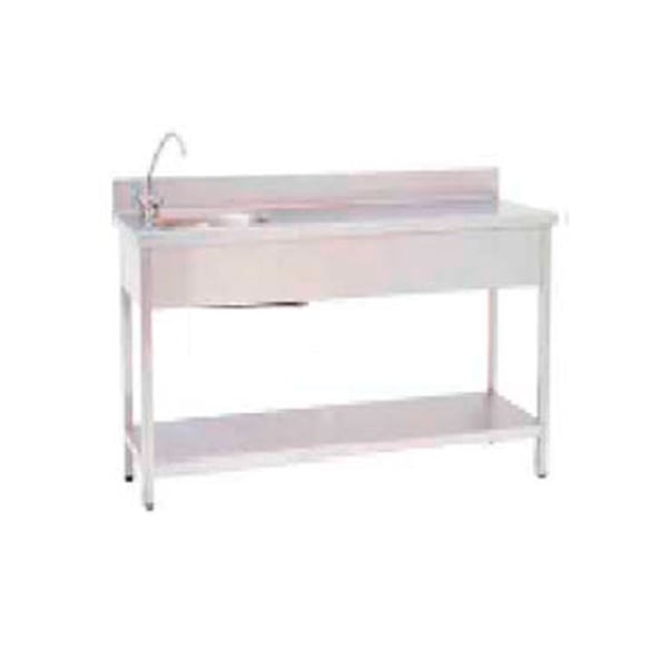 Tavolo da lavoro in acciaio inossidabile: due superfici lisce, gambe livellanti e un secchio. Senza rubinetto (150 x 60 x 85 cm)