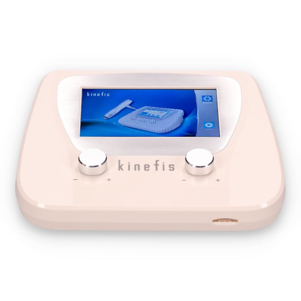 Terapia ad onde d'urto radiali Kinefis Plus: portatile, con acceleratore elettromagnetico e pedale a mani libere. Custodia per il trasporto inclusa.