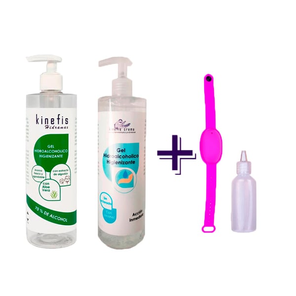Confezione di gel idroalcolico per famiglie: Kinefis Raer (500 ml) + Kinefis profumato (500 ml) + braccialetto ricaricabile con flacone dispenser regalo