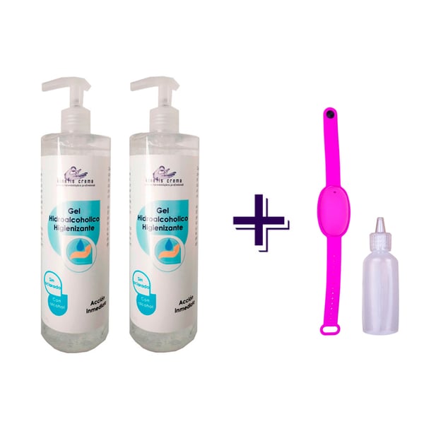 Confezione di gel idroalcolico RAER: due flaconi di gel igienizzante Kinefis RAER idroalcolico da 500 ml + braccialetto ricaricabile con flacone dispenser regalo