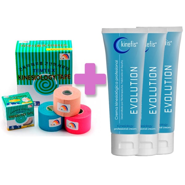 OFFERTA PACCHETTO BENDAGGI TEMTEX: 6 rotoli bendaggio neuromuscolare Temtex Kinesiology tape 5cm X 5m + 3 creme Kinefis Evolution 200 cc