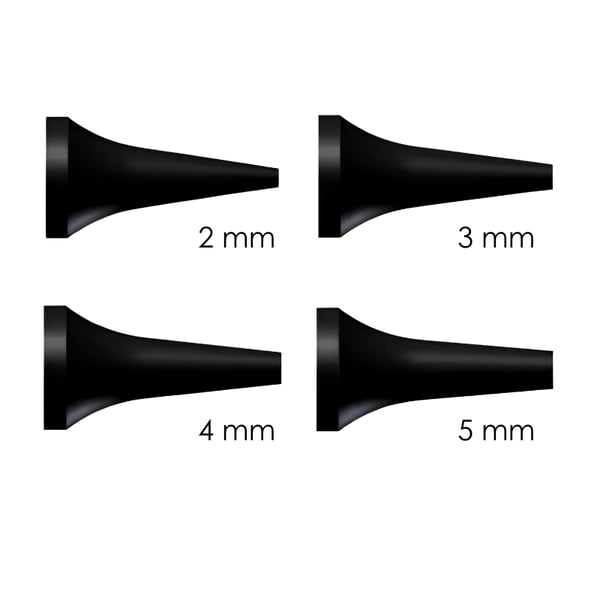 Otorinolaringoiatria, Oftalmologia e Dermatologia. Speculum auricolare riutilizzabile Riester, 2, 3, 4 e 5 mm, nero, in busta di PE da 10 unità per ri-scope L3.