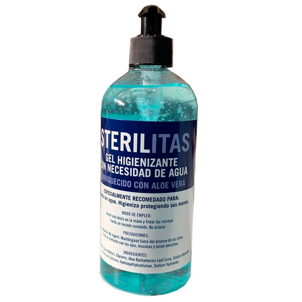 Gel igienizzante Sterilitas, con dosatore e arricchito con aloe vera (500ml)