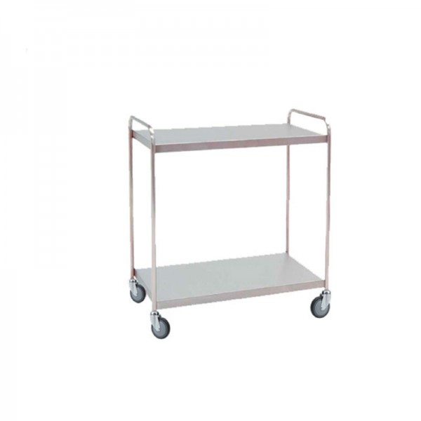Carrello distribuzione materiale ospedaliero: realizzato in acciaio inox con due ripiani e ruote piroettanti (95 x 55 x 95 cm)