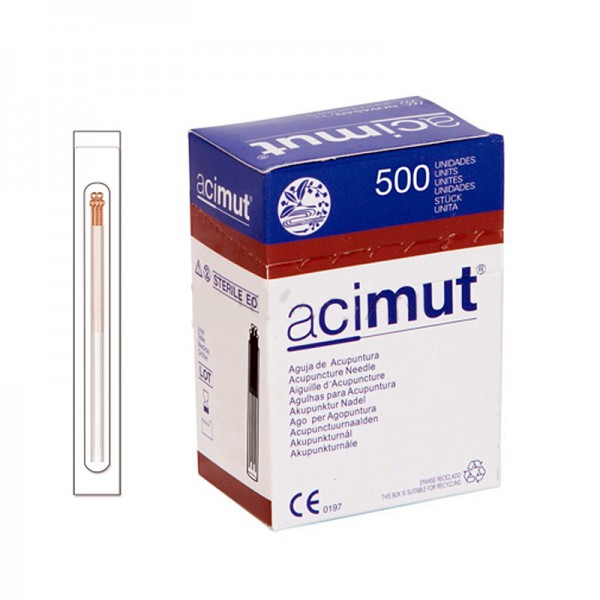 Ago per agopuntura - Manico in rame con testina e guida + cinque aghi (Azimut) Ago per agopuntura - Manico in rame con testina e guida + cinque aghi (Azimut)
