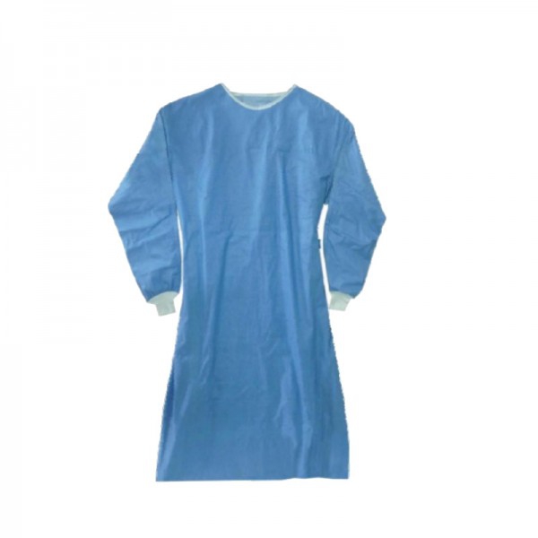 Camice sterile monouso blu 68 grammi: DPI di I classe, polsini regolabili in tessuto bianco e girocollo regolabile con velcro