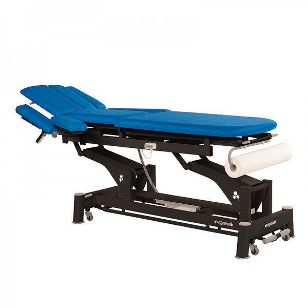 Lettino da massaggio elettrico tecnico Ecoposturale: tre corpi con struttura in biella nera, bracci a ventaglio e testata T03 (62 x 200 cm)
