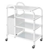 Carrello metallico mobile bianco: dotato di 4 ripiani in vetro traslucido e borsa laterale Carrello metallico mobile bianco: dotato di 4 ripiani in vetro traslucido e borsa laterale