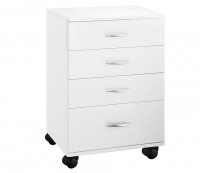 Pratico carrello in legno bianco: dotato di quattro cassetti e quattro ruote per una maggiore mobilità Pratico carrello in legno bianco: dotato di quattro cassetti e quattro ruote per una maggiore mobilità