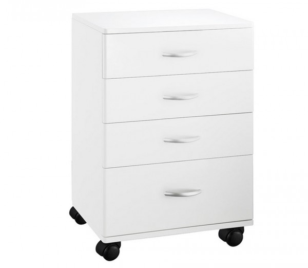 Pratico carrello in legno bianco: dotato di quattro cassetti e quattro ruote per una maggiore mobilità Pratico carrello in legno bianco: dotato di quattro cassetti e quattro ruote per una maggiore mobilità