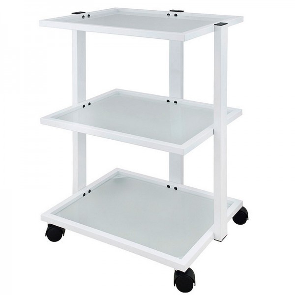 Carrello multifunzionale in metallo bianco per fisioterapia, podologia ed estetica: dotato di tre ripiani in vetro traslucido Carrello multifunzionale in metallo bianco per fisioterapia, podologia ed estetica: dotato di tre ripiani in vetro traslucido
