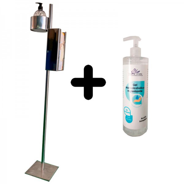 Dispenser igienico verticale con finitura in acciaio con porta gel e guanti o maschere + gel idroalcolico gratuito (500 ml)