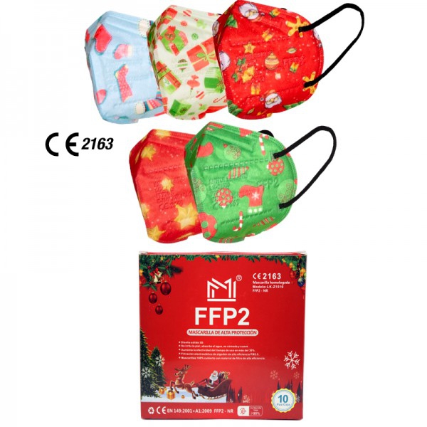 Mascherine natalizie FFP2 e certificato CE europeo (imbustate singolarmente - scatola da 10 unità)